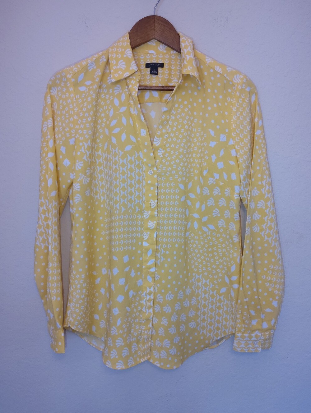 Ann Taylor Blouse Womens Small Yellow White Floral Geometric Summer Office Top